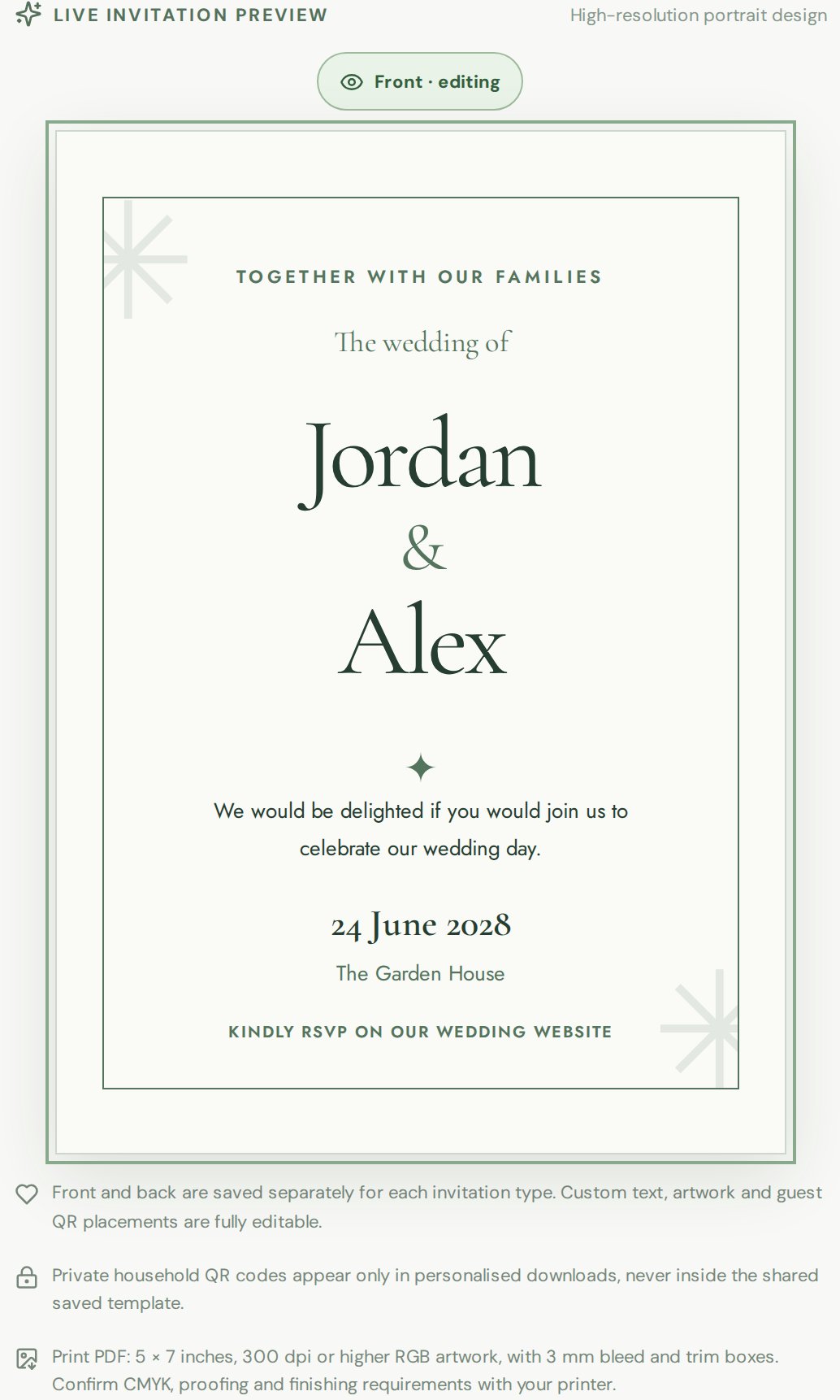 A sage-green wedding invitation for Jordan and Alex designed in the invitation studio