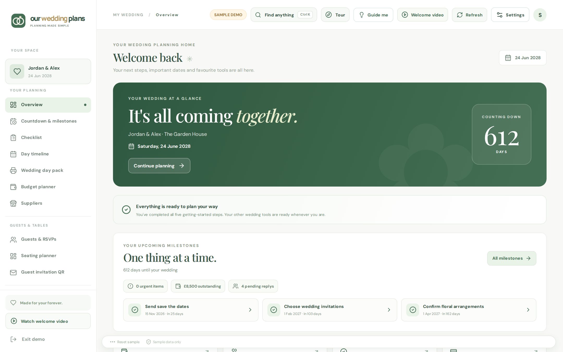The Our Wedding Plans overview screen, counting down to a sample wedding with upcoming milestones
