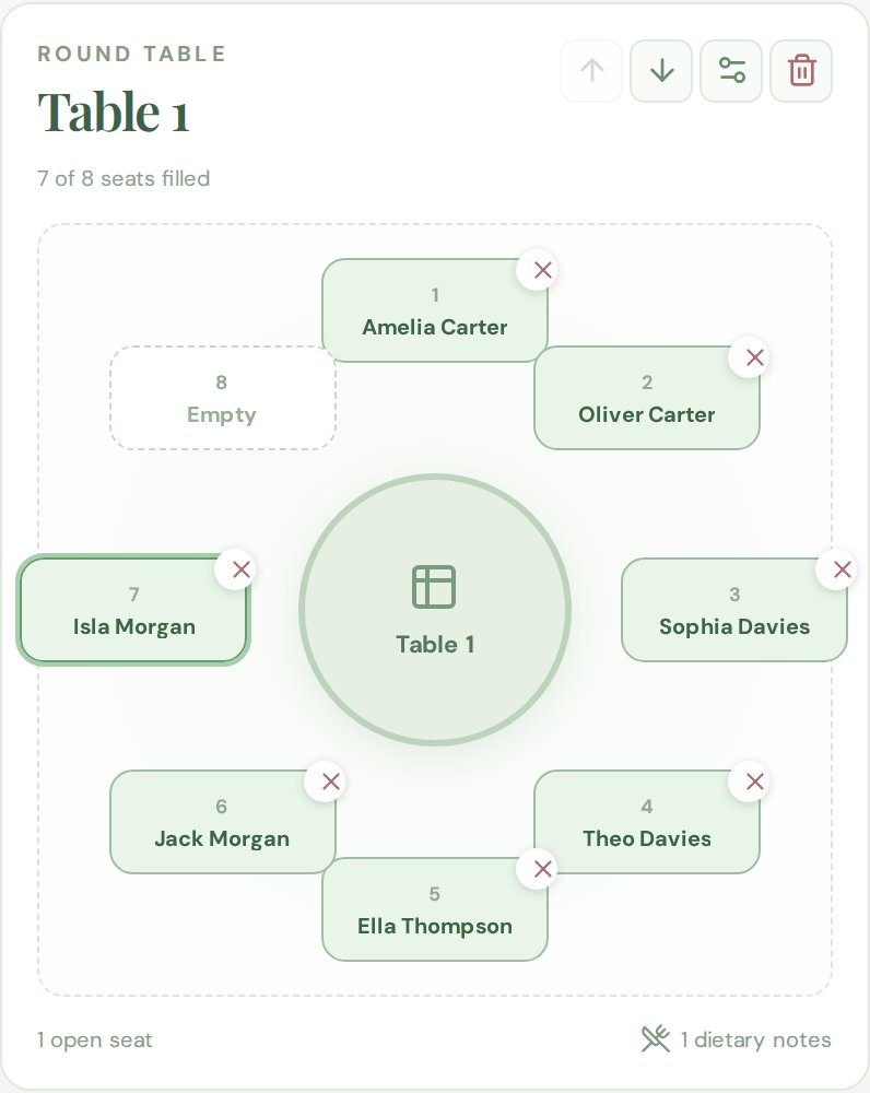 A round table in the seating planner with seven guests seated