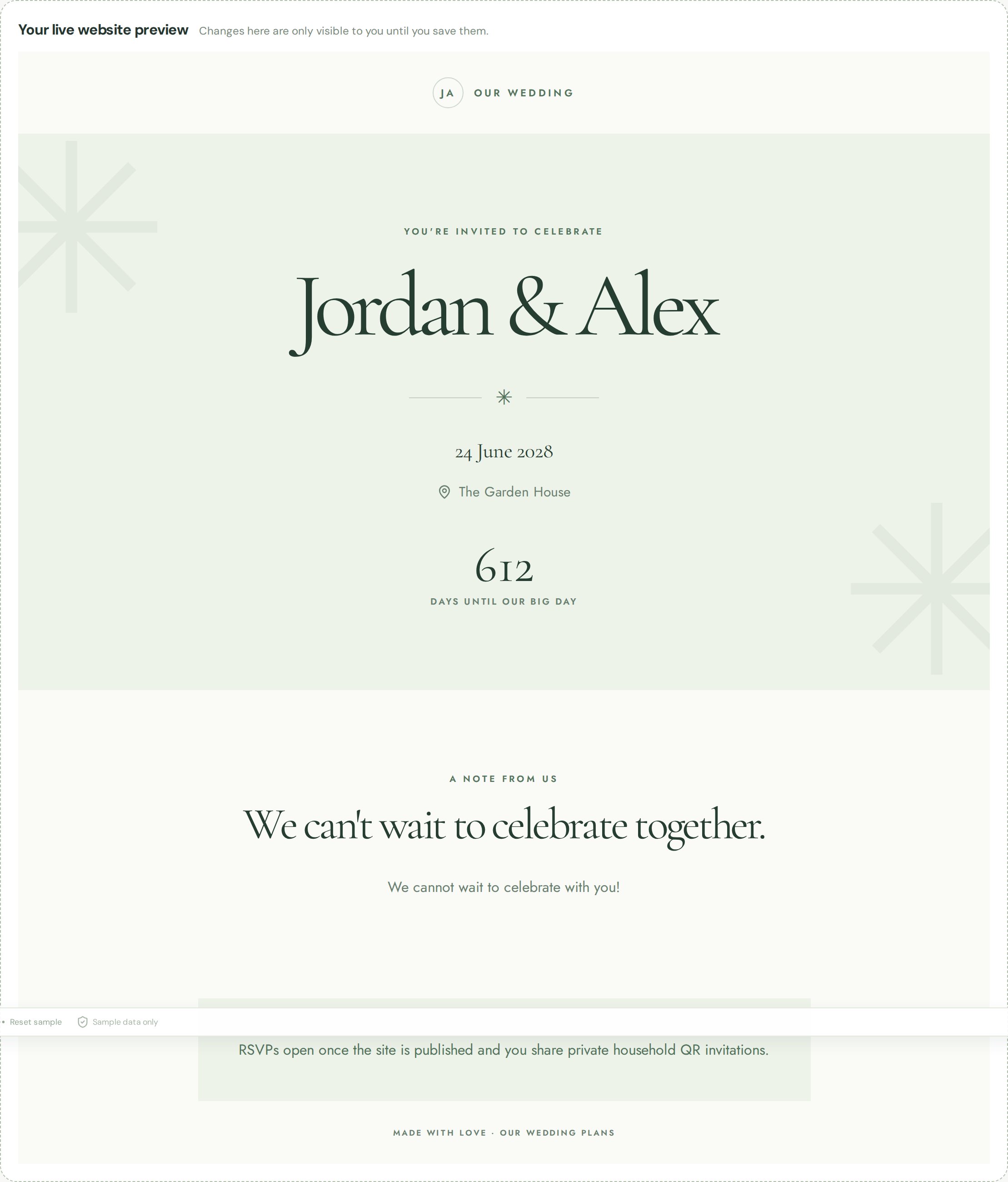A wedding website for Jordan and Alex with a countdown to the day